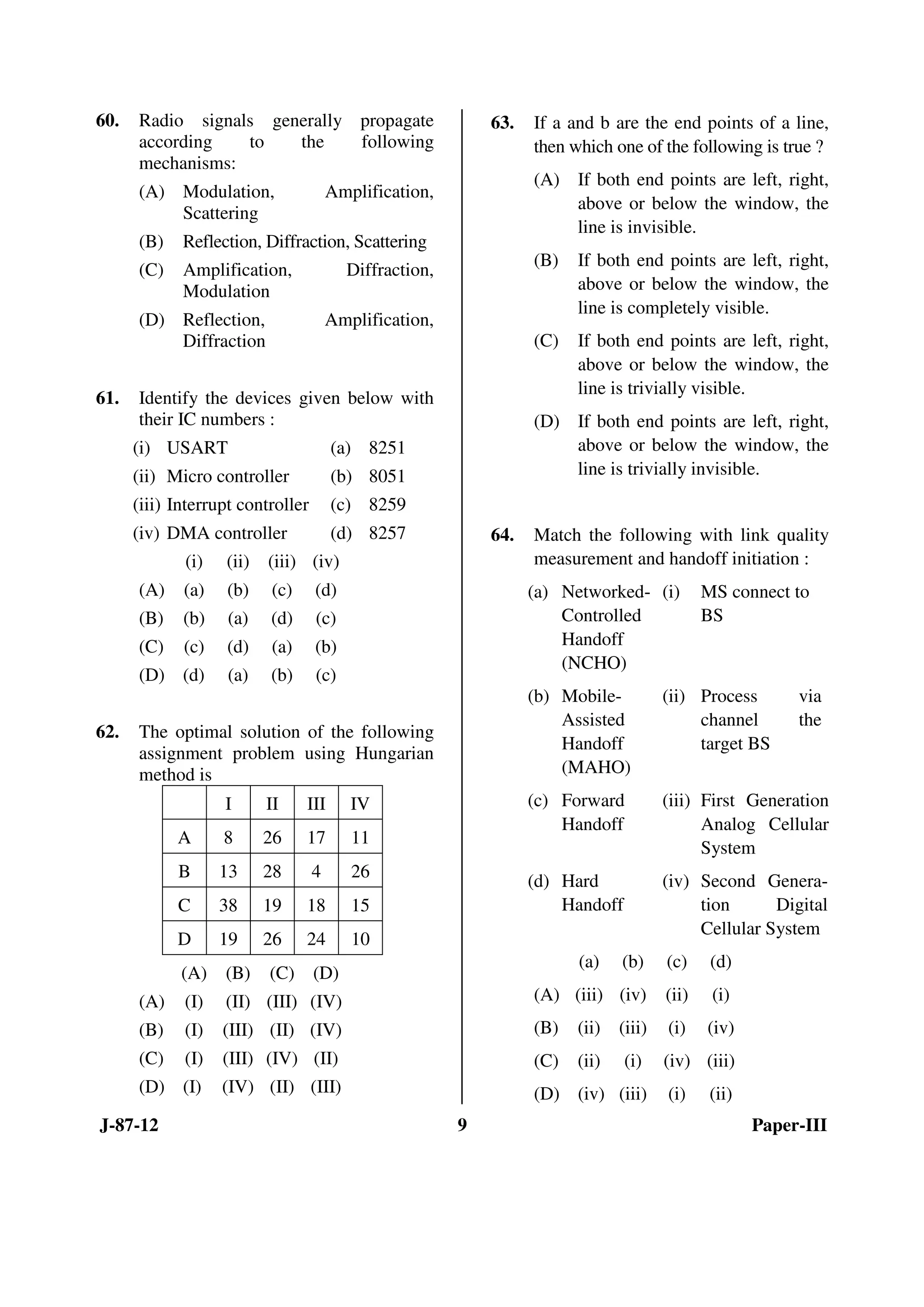 J-87-12 9 Paper-III
60. Radio signals generally propagate
according to the following
mechanisms:
(A) Modulation, Amplification,
Scattering
(B) Reflection, Diffraction, Scattering
(C) Amplification, Diffraction,
Modulation
(D) Reflection, Amplification,
Diffraction
61. Identify the devices given below with
their IC numbers :
(i) USART (a) 8251
(ii) Micro controller (b) 8051
(iii) Interrupt controller (c) 8259
(iv) DMA controller (d) 8257
(i) (ii) (iii) (iv)
(A) (a) (b) (c) (d)
(B) (b) (a) (d) (c)
(C) (c) (d) (a) (b)
(D) (d) (a) (b) (c)
62. The optimal solution of the following
assignment problem using Hungarian
method is
I II III IV
A 8 26 17 11
B 13 28 4 26
C 38 19 18 15
D 19 26 24 10
(A) (B) (C) (D)
(A) (I) (II) (III) (IV)
(B) (I) (III) (II) (IV)
(C) (I) (III) (IV) (II)
(D) (I) (IV) (II) (III)
63. If a and b are the end points of a line,
then which one of the following is true ?
(A) If both end points are left, right,
above or below the window, the
line is invisible.
(B) If both end points are left, right,
above or below the window, the
line is completely visible.
(C) If both end points are left, right,
above or below the window, the
line is trivially visible.
(D) If both end points are left, right,
above or below the window, the
line is trivially invisible.
64. Match the following with link quality
measurement and handoff initiation :
(a) Networked-
Controlled
Handoff
(NCHO)
(i) MS connect to
BS
(b) Mobile-
Assisted
Handoff
(MAHO)
(ii) Process via
channel the
target BS
(c) Forward
Handoff
(iii) First Generation
Analog Cellular
System
(d) Hard
Handoff
(iv) Second Genera-
tion Digital
Cellular System
(a) (b) (c) (d)
(A) (iii) (iv) (ii) (i)
(B) (ii) (iii) (i) (iv)
(C) (ii) (i) (iv) (iii)
(D) (iv) (iii) (i) (ii)
ANS
ANS
ANS
ANS
ANS
 