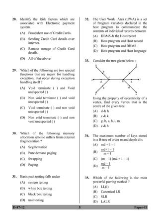 D-87-12 5 Paper-II
28. Identify the Risk factors which are
associated with Electronic payment
system.
(A) Fraudulent use of Credit Cards.
(B) Sending Credit Card details over
internet.
(C) Remote storage of Credit Card
details.
(D) All of the above
29. Which of the following are two special
functions that are meant for handling
exception, that occur during exception
handling itself ?
(A) Void terminate ( ) and Void
unexpected ( )
(B) Non void terminate ( ) and void
unexpected ( )
(C) Void terminate ( ) and non void
unexpected ( )
(D) Non void terminate ( ) and non
void unexpected ( )
30. Which of the following memory
allocation scheme suffers from external
fragmentation ?
(A) Segmentation
(B) Pure demand paging
(C) Swapping
(D) Paging
31. Basis path testing falls under
(A) system testing
(B) white box testing
(C) black box testing
(D) unit testing
32. The User Work Area (UWA) is a set
of Program variables declared in the
host program to communicate the
contents of individual records between
(A) DBMS & the Host record
(B) Host program and Host record
(C) Host program and DBMS
(D) Host program and Host language
33. Consider the tree given below :
Using the property of eccentricity of a
vertex, find every vertex that is the
centre of the given tree.
(A) d & h
(B) c & k
(C) g, b, c, h, i, m
(D) c & h
34. The maximum number of keys stored
in a B-tree of order m and depth d is
(A) md + 1 – 1
(B)
md+1 – 1
m – 1
(C) (m – 1) (md + 1 – 1)
(D)
md – 1
m – 1
35. Which of the following is the most
powerful parring method ?
(A) LL(I)
(B) Canonical LR
(C) SLR
(D) LALR
ANS
ANS
ANS
ANS
ANS
ANS
ANS
ANS
 