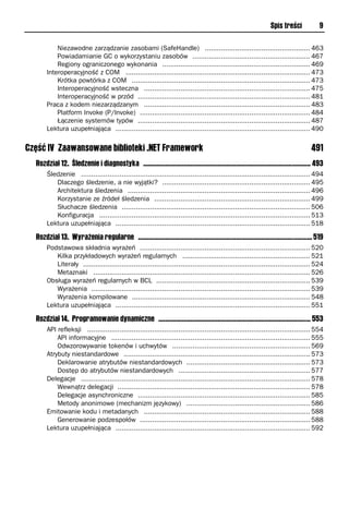 Spis treści             9

           Niezawodne zarządzanie zasobami (SafeHandle) .................................................... 463
           Powiadamianie GC o wykorzystaniu zasobów .......................................................... 467
           Regiony ograniczonego wykonania ......................................................................... 469
       Interoperacyjność z COM ........................................................................................... 473
           Krótka powtórka z COM ........................................................................................ 473
           Interoperacyjność wsteczna .................................................................................. 475
           Interoperacyjność w przód ..................................................................................... 481
       Praca z kodem niezarządzanym .................................................................................. 483
           Platform Invoke (P/Invoke) .................................................................................... 484
           Łączenie systemów typów ..................................................................................... 487
       Lektura uzupełniająca ................................................................................................ 490


Część IV Zaawansowane biblioteki .NET Framework                                                                                         491
  Rozdział 12. Śledzenie i diagnostyka ................................................................................................... 493
       Śledzenie ................................................................................................................. 494
          Dlaczego śledzenie, a nie wyjątki? ......................................................................... 495
          Architektura śledzenia .......................................................................................... 496
          Korzystanie ze źródeł śledzenia ............................................................................. 499
          Słuchacze śledzenia ............................................................................................. 506
          Konfiguracja ........................................................................................................ 513
       Lektura uzupełniająca ................................................................................................ 518

  Rozdział 13. Wyrażenia regularne ....................................................................................................... 519
       Podstawowa składnia wyrażeń .................................................................................... 520
          Kilka przykładowych wyrażeń regularnych ............................................................... 521
          Literały ................................................................................................................ 524
          Metaznaki ........................................................................................................... 526
       Obsługa wyrażeń regularnych w BCL ............................................................................ 539
          Wyrażenia ............................................................................................................ 539
          Wyrażenia kompilowane ........................................................................................ 548
       Lektura uzupełniająca ................................................................................................ 551

  Rozdział 14. Programowanie dynamiczne .......................................................................................... 553
       API refleksji .............................................................................................................. 554
           API informacyjne .................................................................................................. 555
           Odwzorowywanie tokenów i uchwytów .................................................................... 569
       Atrybuty niestandardowe ............................................................................................ 573
           Deklarowanie atrybutów niestandardowych ............................................................. 573
           Dostęp do atrybutów niestandardowych ................................................................. 577
       Delegacje ................................................................................................................. 578
           Wewnątrz delegacji ............................................................................................... 578
           Delegacje asynchroniczne ..................................................................................... 585
           Metody anonimowe (mechanizm językowy) ............................................................. 586
       Emitowanie kodu i metadanych .................................................................................. 588
           Generowanie podzespołów .................................................................................... 588
       Lektura uzupełniająca ................................................................................................ 592
 