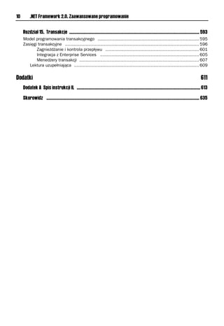 10        .NET Framework 2.0. Zaawansowane programowanie


     Rozdział 15. Transakcje ........................................................................................................................ 593
     Model programowania transakcyjnego .............................................................................. 595
     Zasięgi transakcyjne ....................................................................................................... 596
            Zagnieżdżanie i kontrola przepływu ........................................................................ 601
            Integracja z Enterprise Services ............................................................................ 605
            Menedżery transakcji ............................................................................................ 607
        Lektura uzupełniająca ................................................................................................ 609


Dodatki                                                                                                                                                   611
     Dodatek A Spis instrukcji IL .................................................................................................................. 613

     Skorowidz ............................................................................................................................................. 635
 