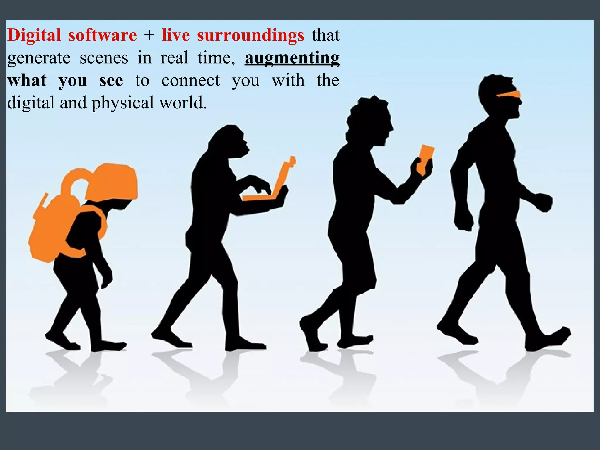 Digital software + live surroundings that
generate scenes in real time, augmenting
what you see to connect you with the
digital and physical world.

 