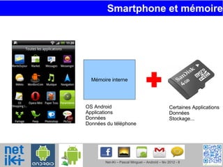 Smartphone et mémoire Mémoire interne + Certaines Applications Données Stockage...  OS Android Applications Données Données du téléphone 