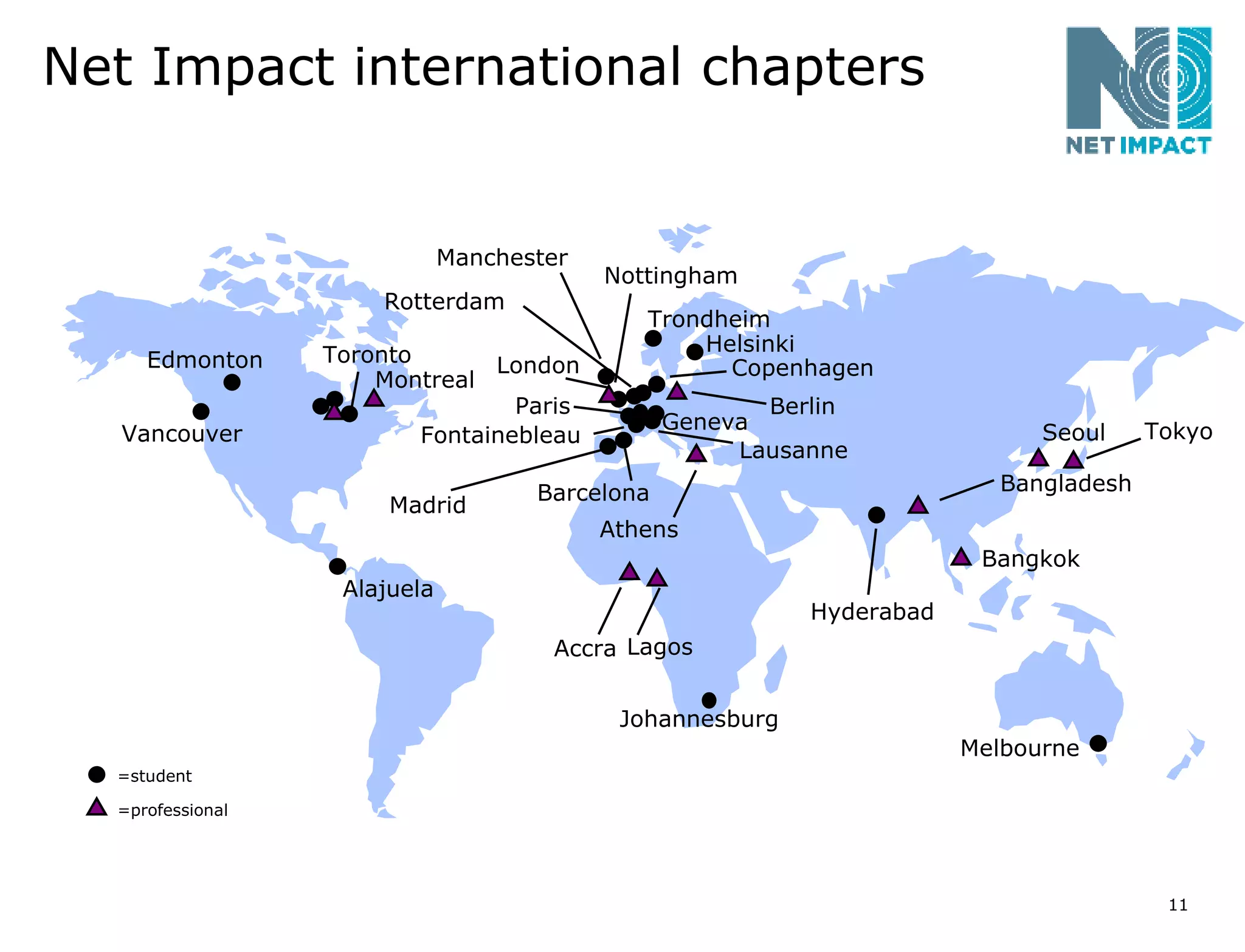 Net Impact international chapters Fontainebleau   London Toronto Hyderabad   Melbourne Edmonton Montreal Vancouver Berlin Rotterdam Barcelona =student =professional Paris Seoul Madrid Bangladesh Bangkok Trondheim Geneva Athens Copenhagen Helsinki Alajuela Manchester Nottingham Johannesburg Accra Lagos Tokyo Lausanne 
