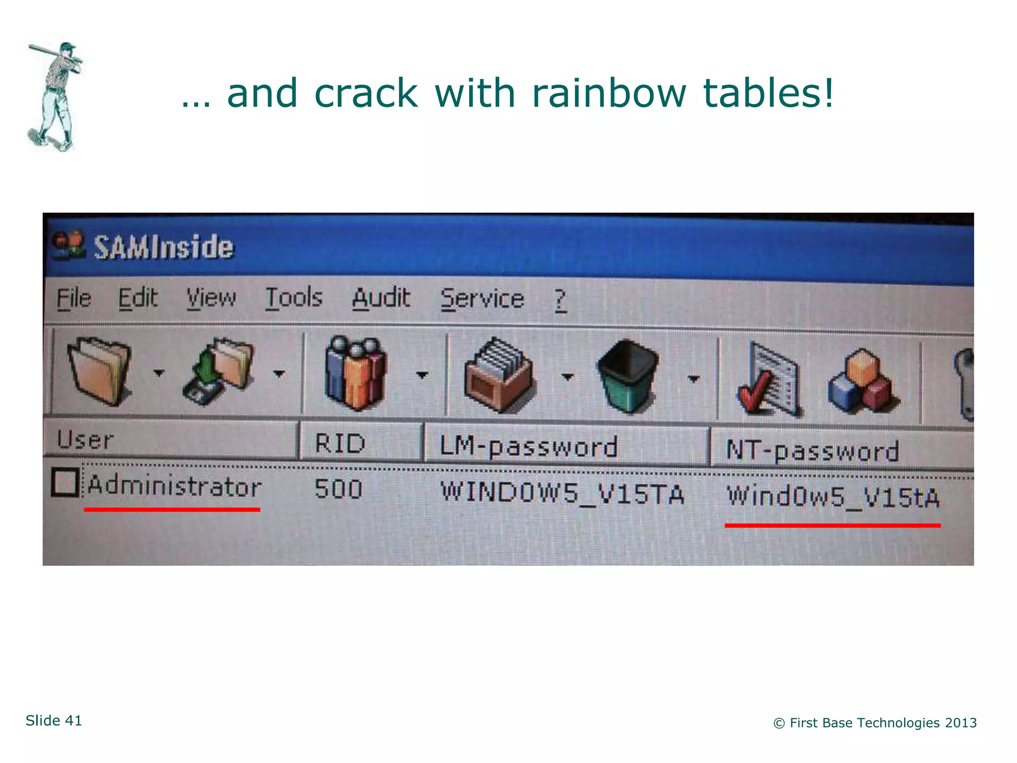 … and crack with rainbow tables!




Slide 41                               © First Base Technologies 2013
 