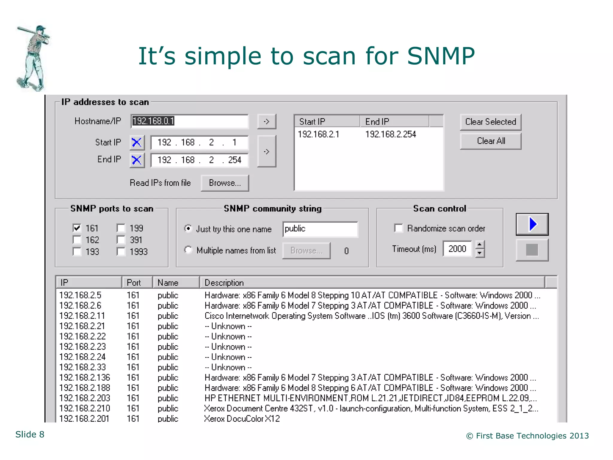 It‟s simple to scan for SNMP




Slide 8                              © First Base Technologies 2013
 