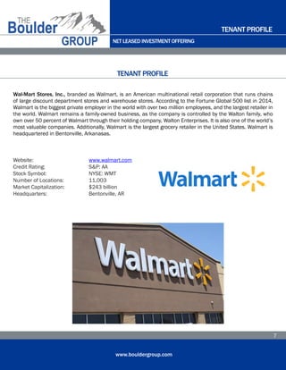 NET LEASED INVESTMENT OFFERING
www.bouldergroup.com
7
Wal-Mart Stores, Inc., branded as Walmart, is an American multinational retail corporation that runs chains
of large discount department stores and warehouse stores. According to the Fortune Global 500 list in 2014,
Walmart is the biggest private employer in the world with over two million employees, and the largest retailer in
the world. Walmart remains a family-owned business, as the company is controlled by the Walton family, who
own over 50 percent of Walmart through their holding company, Walton Enterprises. It is also one of the world’s
most valuable companies. Additionally, Walmart is the largest grocery retailer in the United States. Walmart is
headquartered in Bentonville, Arkanasas.
Website:	 www.walmart.com
Credit Rating:	 S&P: AA
Stock Symbol:	 NYSE: WMT
Number of Locations:	 11,003
Market Capitalization:	 $243 billion
Headquarters:	 Bentonville, AR
TENANT PROFILE
TENANT PROFILE
 