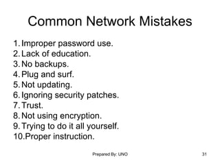 Common Network Mistakes Improper password use.  Lack of education.  No backups. Plug and surf.  Not updating.  Ignoring security patches.  Trust. Not using encryption.  Trying to do it all yourself.  Proper instruction.  