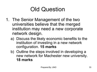 Old Question  The Senior Management of the two universities believe that the merged institution may need a new corporate network design. Discuss the likely economic benefits to the institution of investing in a new network configuration.  15 marks Outline the steps involved in developing a new network for Machester new university.  18 marks 