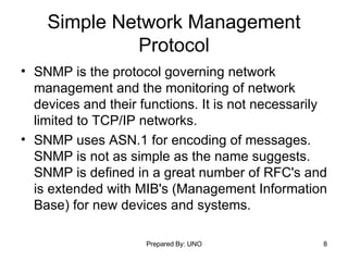 Simple Network Management Protocol SNMP is the protocol governing network management and the monitoring of network devices and their functions. It is not necessarily limited to TCP/IP networks.  SNMP uses ASN.1 for encoding of messages. SNMP is not as simple as the name suggests. SNMP is defined in a great number of RFC's and is extended with MIB's (Management Information Base) for new devices and systems. 
