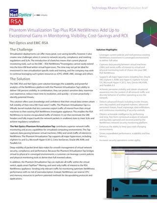 Technology Alliance Partner I Solution Brief

Phantom Virtualization Tap Plus RSA NetWitness Add Up to
Exceptional Gains in Monitoring, Visibility, Cost-Savings and ROI
Net Optics and EMC-RSA
The Challenge

Solution Highlights

Virtualization deployments can offer many great, cost-saving benefits, however it also
creates new challenges when it comes to network security, compliance, and meeting
regulations and SLAs. The introduction of vSwitches means that current physical
monitoring tools, such as the EMC – RSA NetWitness™Investigator, cannot easily extend
into the Intra-VM level within virtual hypervisors. The time may not yet be ideal for
investment in new virtualization-specific tools and training, and the company may wish
to continue leveraging such system resources as vCPU, vRAM, vNIC, storage and others.

·	 Leverages current policies and tool previous existing
NetWitness investment in converged environments
to deliver full value

The Solution
The EMC-RSA and Net Optics joint solution leverages the scalability and powerful
analytics of the NetWitness platform with the Phantom Virtualization Tap’s ability to
deliver 100 percent visibility. In combination, they can protect sensitive data, maximize
user experience, reduce mean time to resolution, and quickly—or even proactively—
identify potential threats,

•	 Captures data passing between virtual machines
(VMs) and sends traffic of interest to virtual and
physical monitoring tools of choice into your EMC
RSA NetWitness
•	 Supports all major hypervisors, including Xen, Oracle
VM, vSphere 5, KVM, and Hyper-V. vSphere 4.X and
5.X, Microsoft Hyper-V 2012, Xen, Oracle VM, KVM,
and Parallels 6.0
•	 Achieves pervasive visibility and obtain situational
awareness into the content of all network traffic and
discrete behavior of entities operating across the
network.

This solution offers users knowledge and confidence that their virtual data centers attain •	 Detects advanced threats including insider threats,
zero-day exploits and targeted malware, advanced
full visibility of their intra-VM (“east-west”) traffic. The Phantom Virtualization Tap is a
persistent threats, fraud, espionage, data exfiltration,
VMsafe, kernel module that lets customers export traffic of interest from their virtual
and continuous monitoring of security controls.
machines to their existing RSA NetWitness Investigator appliance. This enables the RSA
•	 Obtains actionable intelligence by performing
NetWitness to receive encapsulated traffic of interest. It can then terminate the GRE
real-time, free-form contextual analysis of network
headers and fully inspect/audit the network packets in unaltered state to meet SLAs and
and log data captured and reconstructed by the
achieve regulatory compliance.
NetWitness network security monitoring platform.
The Net Optics Phantom Virtualization Tap contributes superior network traffic
monitoring and access capabilities for virtualized computing environments. This Tap
captures data passing between virtual machines (VMs) and sends traffic of interest to
NetWitness. The Phantom Virtualization Tap supports all major hypervisors, including
vSphere 4.x and 5.x, Microsoft Hyper-V 2012, Citrix XenServer, Oracle VM, KVM, and
Parallels 6.0.
Deep visibility of packet-level data makes for smooth management of virtual network
security, compliance, and performance. Because the Phantom Virtualization Tap bridges
virtual-to-physical in converged environments, a customer can leverage current policies
and physical monitoring tools to derive their full invested values.
In addition, the Phantom Virtualization Tap can replicate all traffic within the virtual
switch, apply smart TapFlow™ filtering, and send only traffic of interest to the RSA
NetWitness appliance. Sending only relevant traffic for monitoring optimizes NetWitness
performance with no risk of oversubscription. Instead, NetWitness can reserve CPU
and memory resources to perform patented methods for decapsulating protocols and
applications.

•	 Enhances the ability to keep pace with changing
environments
•	 Drives unparalleled performance, scalability and low
latency
•	 Increases security operations center agility

 