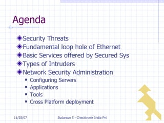 Agenda Security Threats Fundamental loop hole of Ethernet Basic Services offered by Secured Sys Types of Intruders Network Security Administration Configuring Servers Applications Tools Cross Platform deployment 