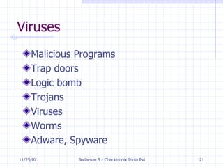 Viruses Malicious Programs Trap doors Logic bomb Trojans Viruses  Worms Adware, Spyware 