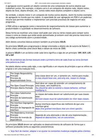 15/11/2017 .NET - Uma revisão sobre a programação orientada a objetos
http://www.macoratti.net/11/08/net_oop1.htm 8/9
A agregação ocorre quando um objeto consiste de uma composição de outros objetos que
trabalham juntos. Por exemplo, o objeto carro é um composto de objetos roda, objeto motor,
objeto da farol, objeto direção, etc. Juntos todos esses objetos compõem o objeto carro.
Na verdade, o objeto motor é um composto de muitos outros objetos. Assim há muitos exemplos
de agregação no mundo que nos rodeia. A capacidade de usar agregação em POO é um poderoso
recurso que permite modelar e implementar com precisão processos de negócios em seus
programas.
A POO utiliza a agregação como o mecanismo de reaproveitamento de classes para aumentar a
produtividade e a qualidade no desenvolvimento de software.
Dessa forma ao reutilizar uma classe você pode usar uma ou várias classes para compor outra
classe e como as classes que estão sendo aproveitadas já existem você não precisa reescrever o
seu código aumentando assim a produtividade.
Além destes conceitos básicos existem também os princípios SOLID.
Os princípios SOLID para programação e design orientados a objeto são de autoria de Robert C.
Martin (mais conhecido como Uncle Bob) e datam do início de 2000.
A palavra SOLID é um acróstico onde cada letra significa a sigla de um princípio: SRP, OCP, LSP,
ISP e DIP
Obs: Os acrósticos são formas textuais onde a primeira letra de cada frase ou verso formam
uma palavra ou frase
Na tabela abaixo vemos cada sigla, o seu significado e um resumo do princípio a que se refere no
original e em uma tradução livre.
SRP
The Single Responsibility
Principle
Principio da
Responsabilidade Única
Uma classe deve ter um, e somente um, motivo para mudar.
A class should have one, and only one, reason to change.
OCP
The Open Closed Principle
Princípio Aberto-Fechado
Você deve ser capaz de estender um comportamento de
uma classe, sem modificá-lo.
You should be able to extend a classes behavior, without
modifying it.
LSP
The Liskov Substitution
Principle
Princípio da Substituição
de Liskov
As classes derivadas devem ser substituíveis por suas classes
base.
Derived classes must be substitutable for their base classes.
ISP
The Interface Segregation
Principle
Princípio da Segregação da
Interface
Muitas interfaces específicas são melhores do que uma
interface geral
Make fine grained interfaces that are client specific.
DIP
The Dependency Inversion
Principle
Princípio da inversão da
dependência
Dependa de uma abstração e não de uma implementação.
Depend on abstractions, not on concretions.
Os princípios SOLID devem ser aplicados no desenvolvimento de software de forma que o
software produzido tenha as seguintes características:
Seja fácil de manter, adaptar e se ajustar às constantes mudanças exigidas pelos clientes;
 