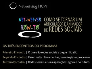 Como se tornar um articulador e animadorderedes sociaisOs três encontros do programaPrimeiro Encontro |O que são redes sociais e o que não sãoSegundo Encontro |Fazer redes: ferramentas, tecnologias e processosTerceiro Encontro  |Redes sociais e suas aplicações: agora e no futuro