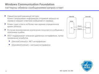 МАИ, каф 806, Сети ЭВМ 
Windows Communication Foundationпаттерны обмена сообщениями/запрос-ответ 
Самый распространненый паттерн. Клиент запрашивает информацию отправкой запроса на сервер и ожидает ответное сообщений от сервера. 
Клиент ждет ответа не более чем заранее определенное время (timeout) 
В случае возникновения исключения посылается сообщение с описанием ошибки. 
WCF поддерживает описания удаленных интерфейсов, путем применения атрибутов 
 [ServiceContract] к .NET интерфейсам 
 [OperationContract] к методам интерфейса 
14 
 