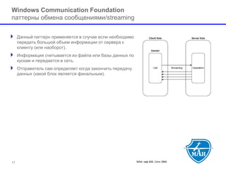МАИ, каф 806, Сети ЭВМ 
Windows Communication Foundationпаттерны обмена сообщениями/streaming 
Данный паттерн применяется в случае если необходимо передать большой объем информации от сервера к клиенту (или наоборот). 
Информация считывается из файла или базы данных по кускам и передается в сеть. 
Отправитель сам определяет когда закончить передачу данных (какой блок является финальным). 
17 
 