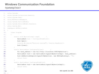 МАИ, каф 806, Сети ЭВМ 29 
Windows Communication Foundation пример/хост 
1.using System; 
2.using System.Collections.Generic; 
3.using System.Text; 
4.using WCFServiceExample; 
5.using System.ServiceModel; 
6.using System.ServiceModel.Channels; 
7.using System.Net; 
8.namespace WCFServiceHost 
9.{ 
10.class Program 
11.{ 
12.static void Main(string[] args) { 
13.ServiceHosthost = ConfigureFromFile(); 
14.host.Open(); 
15.Console.WriteLine("Service started"); Console.ReadLine(); 
16.host.Close(); 
17.} 
18.static ServiceHost ConfigureInline() { 
19.Uri base_address = new Uri("http://localhost:8080/MyService"); 
20.ServiceHost host = new ServiceHost(typeof(MyServiceImpl), base_address); 
21.host.AddServiceEndpoint(typeof(IMyService), new WSHttpBinding(), ""); 
22.return host; 
23.} 
24.static ServiceHost ConfigureFromFile() { 
25.ServiceHost host = new ServiceHost(typeof(MyServiceImpl)); 
26.return host; 
27.} 
28.} 
29.}  
