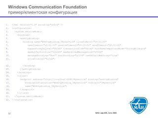 МАИ, каф 806, Сети ЭВМ 32 
Windows Communication Foundation пример/клиентская конфигурация 
1.<?xml version="1.0" encoding="utf-8" ?> 
2.<configuration> 
3.<system.serviceModel> 
4.<bindings> 
5.<wsHttpBinding> 
6.<binding name="WSHttpBinding_IMyService" closeTimeout="00:01:00" 
7.openTimeout="00:01:00" receiveTimeout="00:10:00" sendTimeout="00:01:00" 
8.bypassProxyOnLocal="false" transactionFlow="false" hostNameComparisonMode="StrongWildcard" 
9.maxBufferPoolSize="524288" maxReceivedMessageSize="65536" 
10.messageEncoding="Text" textEncoding="utf-8" useDefaultWebProxy="true" 
11.allowCookies="false"> 
12.</binding> 
13.</wsHttpBinding> 
14.</bindings> 
15.<client> 
16.<endpoint address="http://localhost:8080/MyService" binding="wsHttpBinding" 
17.bindingConfiguration="WSHttpBinding_IMyService" contract="IMyService" 
18.name="WSHttpBinding_IMyService"> 
19.</endpoint> 
20.</client> 
21.</system.serviceModel> 
22.</configuration>  