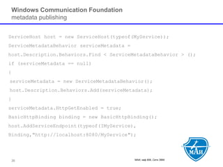 МАИ, каф 806, Сети ЭВМ 
Windows Communication Foundation metadata publishing 
ServiceHosthost = new ServiceHost(typeof(MyService)); 
ServiceMetadataBehaviorserviceMetadata= 
host.Description.Behaviors.Find< ServiceMetadataBehavior> (); 
if (serviceMetadata== null) 
{ 
serviceMetadata= new ServiceMetadataBehavior(); 
host.Description.Behaviors.Add(serviceMetadata); 
} 
serviceMetadata.HttpGetEnabled= true; 
BasicHttpBindingbinding = new BasicHttpBinding(); 
host.AddServiceEndpoint(typeof(IMyService), 
Binding,"http://localhost:8080/MyService"); 
35 
 