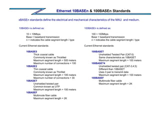 Ethernet 10BASEn & 100BASEn Standards
xBASEn standards define the electrical and mechanical characteristics of the MAU and medium.
10BASEn is defined as:
10 = 10Mbps
Base = baseband transmission
n = indicates the cable segment length / type
Current Ethernet standards:
10BASE5
Thick coaxial cable
Commonly known as ThickNet
Maximum segment length = 500 meters
Maximum number of connections = 100
10BASE2
Thin coaxial cable
Commonly known as ThinNet
Maximum segment length = 185 meters
Maximum number of connections = 30
10BASET
Unshielded twisted pair
Common known as UTP
Maximum segment length = 100 meters
10BASEF
Multimode fiber cable
Maximum segment length = 2K
100BASEn is defined as:
100 = 100Mbps
Base = baseband transmission
n = indicates the cable segment length / type
Current Ethernet standards:
100BASET
Unshielded Twisted Pair (CAT-5)
Same characteristics as 10BASET
Maximum segment length = 100 meters
100BASET4
Unshielded twisted pair (CAT-3,4,5)
Different than 10BASET
Uses 3 pair to transmit data
Maximum segment length = 100 meters
100BASEF
Multimode fiber cable
Maximum segment length = 2K
 