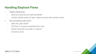 Handling Elephant Flows
1.  Detect Elephants
–  Must be long-lived and high-bandwidth
–  vSwitch ideally suited for task, maybe combine with central control
2.  Do something with them:
–  Mark the outer DSCP
–  Put them in a queue separated from mice
–  Route along their own path or network
–  Convert to mice
CONFIDENTIAL 12
 