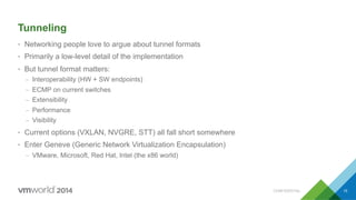 Tunneling
•  Networking people love to argue about tunnel formats
•  Primarily a low-level detail of the implementation
•  But tunnel format matters:
–  Interoperability (HW + SW endpoints)
–  ECMP on current switches
–  Extensibility
–  Performance
–  Visibility
•  Current options (VXLAN, NVGRE, STT) all fall short somewhere
•  Enter Geneve (Generic Network Virtualization Encapsulation)
–  VMware, Microsoft, Red Hat, Intel (the x86 world)
CONFIDENTIAL 15
 