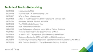 Technical Track - Networking
CONFIDENTIAL 34
•  NET1846 Introduction to NSX
•  NET1743 VMware NSX – A Technical Deep Dive
•  NET1957 NFV for Telco Infrastructure
•  NET1468 A Tale of Two Perspectives: IT Operations with VMware NSX
•  NET1586 Advanced Network Services with NSX
•  NET1560 The NSX Guide to Horizon View
•  NSX1883 NSX Performance Overview
•  NSX1588 Load Balancer as a Service, using NSX or Partner Solutions
•  NET1401 vSphere Distributed Switch Best Practices for NSX
•  NET2318 Scale-Out NSX Deployments: With VMware-powered SDDC
•  NET1581 Reference Design for SDDC with NSX for Multi-Hypervisors
•  NET2379 Dynamically Configuring Application Specific Network Services for vCAC &NSX
•  NET2225 NSX Platform: Enabling 3rd Party Network & Security Solutions
 