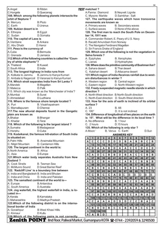 - IIndFloor,PaliwalMarket,GumanpuraKOTA (-0744-2392059&3290500
14
TESTA.Angel B.Ribbin
C.Hungela D.Quecanag
108. Which among the following planets intersects the
orbit of Neptune ?
A. Mercury B.Pluto
C. Earth D.Uranus
109. Nubian desert is in
A. Ethiopia B.Egypt
C. Sudan D.Somalia
110. The capital of Laos is
A.Vientiane B.Ankara
C, Abu Dhabi D.Hanoi
111. Peso is the currency of
A.Cuba B.Bermuda
C. Grenada D.Jamaica
112.Which of the following countries is called the “Coun-
try of white elephants”?
A. Thailand B.Kuwait
C.South Africa D.India
113. The longest highway in India runs from
A. Kolkata to Jammu B.Jammu to Kanya Kumari
C. Ambala to Nagercoil D.Varanasi to Kanya Kumari
114. Which strait separates India from Sri Lanka ?
A.Mandeb B.Magellan
C.Malacca D.Palk
115. Which city was known as the ‘Manchester of India’?
A.Mumbai B.Surat
C.Ahmedabad D.Ludhiana
116. Where is the famous shore temple located ?
A. Puri B. Visakhapatnam
C. Mamallapuram D.Chennai
117.The new alluvial deposits found in the Gangetic
plain are known as
A.Bhabar B.Bhangar
C. Khadar D.Terai
118. Which of the following is the largest island ?
A.Sumatra B.Madagascar
C.Honshu D.Cuba
119. Kodaikanal, the famous hill-station of South India
is situated on:
A.Palni Hills B. Anaimalai Mountain
C. Nilgiri Mountain D. Cardamon Hills
120. The largest continent in the world is:
A.North America B. Africa
C. Asia D.Europe
121.Which water body separates Australia from New
Zealand ?
A. Cook Straits B. Tasman Sea
C. McMunro Sound D.Great Barrier Reef
122. ‘Radcliff Line’ is a boundary line between
A. India and Bangladesh B. India and Bhutan
C. India and China D. India and Pakistan
123. The samallest continent of the world is—
A. Europe B.Antarctica
C. South America D.Australia
124. Jog waterfall, the highest waterfall in India, is lo-
cated in—
A.Kerala B.Karnataka
C.Maharashtra D.Madhya Pradesh
125.Which of the following district is on the interna-
tional border of India
A. Gorakhpur B.West Khasi Hills
C. Kinnaur D.Kullu
126.Which of the following pairs is not correctly
matched ?
A.Panna : Diamond B.Neyveli: Lignite
C. Mysore: Marble D.Sambhar : Salt
127. The earthquake waves which have transverse
movements are known as
A. Primary waves B. Secondary waves
C. Surface waves D.None of the above
128. The first man to reach the South Pole on Decem-
ber 14, 1911 was
A. Commander Robert, E. Peary of U.S. Navy
B. Racald Amundsen from Norway
C. The Navigator Ferdinand Magellan
D. Sir Francis Drake of England
129. Which one of the following is not the vegetation in
Selva forests ?
A. Epiphytes B. Xerophytes
C. Lianas D.Hydrophytes
130.WheredoestheprimitivecommunityofBushmanlive?
A. Sahara desert B.Thar desert
C. Kalahari desert D.Attacama desert
131.Which region of India ifeceives rainfall due to west-
ern disturbances in winter ?
A. Western region B. Central region
C. Eastern region D. North-Western region
132. Freely suspended magnetic needle stands in which
direction ?
A. North-West direction B.North-South direction
C. North-East direction D. South-West direction
133. How far the axis of earth is inclined of its orbital
surface ?
A. 23 B. 66
C. 180° D. It is not inclined
134. Difference of longitudinal of two places on the earth
is 15°. What will be the difference in its local time ?
A. No difference B. 1 hour
C. 2 hours D.15 hours
135. Which of the following is only star ?
A.Moon ‘ B. Venus C. Earth D.Sun
Q 1 2 3 4 5 6 7 8 9 10 11 12
A C C C D D D B A B B C B
Q 13 14 15 16 17 18 19 20 21 22 23 24
A D A A B D A A C C D C D
Q 25 26 27 28 29 30 31 32 33 34 35 36
A A D C B B D B A C C B B
Q 37 38 39 40 41 42 43 44 45 46 47 48
A D C B A D C A B C B B B
Q 49 50 51 52 53 54 55 56 57 58 59 60
A B C B A B C B B C B C C
Q 61 62 63 64 65 66 67 68 69 70 71 72
A C B C C A D C B B D B B
Q 73 74 75 76 77 78 79 80 81 82 83 84
A B B B B D C A C D A A B
Q 85 86 87 88 89 90 91 92 93 94 95 96
A C D C C B A A A A A A B
Q 97 98 99 100 101 102 103 104 105 106 107 108
A C A B B B A C C A B A D
Q 109 110 111 112 113 114 115 116 117 118 119 120
A C A A A D D D C C B A C
Q 121 122 123 124 125 126 127 128 129 130 131 132
A B D D B C C B B B C C B
Q 133 134 135
A A B D
ANSWERS KEY
 