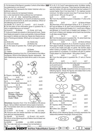 - IIndFloor,PaliwalMarket,GumanpuraKOTA (-0744-2392059&3290500
37
TEST4. On the basis of the figure in question 3 which of the follow-
ing statements is not correct?
(a) The area that represents the Indian historian who is a
politician also is d.
(b) f and e areas do not represent Indians.
(c) c area represents Indian politician but not historian.
(d) c is not an area representing politicians.
5. A, B and C are intelligent, A, D and E are laborious and D,
C and E are honest and A, B, and E are ambitious. Which of
the following are not honest?
(a) AandB (b) C and A (c) A and D (d) C, A and B
6. On the basis of the information given in question No. 5
who is neither laborious nor honest?
(a) A and D (b) Bonly (c) Eonly (d) C only
7. Anita and Geeta are experts in dancing and music. Seeta
and Geeta are expert in music and painting. Anita and Neeta
are expert in debate and dancing. Neata and Seeta are ex-
pert in Painting and debate. Which girl is not expert in paint-
ing.
(a) Anita only (b) Seeta only
(c) Anita and Geeta (d) Neeta only
8. On the basis of question No. 7 which girl is expert in all
fields.
(a) Anita (b) Seeta
(c) Geeta (d) None of these
Directions: Questions from 9 to 12 are based on the follow-
ing figures. Which of the following figures represents the
best relationship among the three terms used in the ques-
tion.
9. Players, students and girls
(a) A (b) B (c) C (d) D
10. Player, Uncle and Aunt
(a) A (b) B (c) C (d) D
11.India, Calcutta and Islamabad
(a) A (b) B (c) C (d) D
12. Teacher, Principl, Son
(a)A (b) B (c) C (d) D
Directions: Question from 13 to 16 is based on the above
figure. Various letters represent various types of persons.
13. The bachelor clerk who is a male player is represented
by the letter.
(a) G and F (b) G only (c) H only (d) I only
14. Persons who are neither bachelor nor male but player
and clerk are represented by
(a) BandN (b) B and C (c) B and L (d) L and H
15. Which of the following group of letters have at least one
property commom?
(a) ADKM (b) ADMN (c) ADIK (d) KMAC
16. The male clerk who is a player but not bachelor is
(a) B (b) H (c) J (d) I
17. A, B, C, D, E and F were playing cards. A’s father, mother
and uncle were in the group. There were two females also: B
was the mother of A who scored higher than her husband. D
scored higher than E but less than F. E’s nephew scored
minimum. A’s father scored more than F but even then he
could not win. Who win the game?
(a) E (b) B (c) C (d) F
18. From the informations given in Question 17 who is the
father of A
(a) C (b) D (c) F (d) None of these
19. Branches of five nationlized banks A, B, C, D and E in
M.P are as follows: A, B, and C are in Indore and Bhopal, A,
B and E are in Indore and Gwalior, B, C, and D are in Raipur
and Bhopal. A, E and D are in Gwalior and Jabalpur, C, E
and D are in Raipur and Jabalpur which bank has branches
in all cities except Raipur.
(a) B (b) C (c) A (d) F
20. From the data given in question No. 19, which bank has
branches in minimum number of cities?
(a) A (b) B (c) C (d) None of these
21. There are five players A, B, C, D and E in a group. One of
them plays Football, one plays Tennis and one plays Chess.
A and D are maids and play no game. No women plays
either Chess or football. There is a married couple in the
group where E is husband. C’s brother is B who is neither
Chess player nor Tennis player - Who plays Chess?
(a) E (b) E (c) C (d) F
22. From the data given in question No. 21 who is Tennis
player?
(a) E (b) D (c) C (d) F
23.Listofthefemalesfromtheinformationgiveninquestion21.
(a) A and D and C (b) BandC
(c) B and C and D (d) None of these
Directions (Qs. 24-28): Questions here are based on the
following figures. Study the figures and relate them to the
terms and conr.epts given in questions.
24. Hard bed, Sofa?-Furniture
(a) A (b) B (c) C (d) D
25. Crocodile, Eagle, Lion
(a) A (b) B (c) C (d) D
26. Country, State, Chief Minister
(a) A (b) B (c) C (d) D
27. Teacher, Writer, Philosopher
(a) A (b) B (c) C (d) D
28. Father, Son, Daugher
(a) A (b) B (c) C (d) D
29. Which of the following figures correctly expresses the
relationship between language, Oriya and Urdu.
 