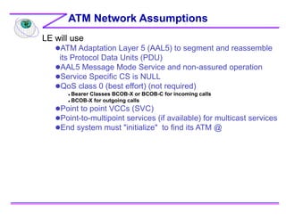 LE will use
ATM Adaptation Layer 5 (AAL5) to segment and reassemble
its Protocol Data Units (PDU)
AAL5 Message Mode Service and non-assured operation
Service Specific CS is NULL
QoS class 0 (best effort) (not required)
 Bearer Classes BCOB-X or BCOB-C for incoming calls
 BCOB-X for outgoing calls
Point to point VCCs (SVC)
Point-to-multipoint services (if available) for multicast services
End system must "initialize" to find its ATM @
ATM Network Assumptions
 