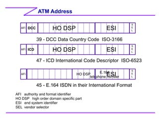 ATM Address
AFI DCC HO DSP ESI
S
E
L
AFI ICD HO DSP ESI
S
E
L
39 - DCC Data Country Code ISO-3166
47 - ICD International Code Descriptor ISO-6523
AFI
E.164
telephone number
HO DSP ESI
S
E
L
45 - E.164 ISDN in their International Format
AFI authority and format identifier
HO DSP high order domain specific part
ESI end system identifier
SEL vendor selector
 