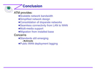 Conclusion
ATM provides:
Scalable network bandwidth
Simplified network design
Consolidation of disparate networks
Seam...
