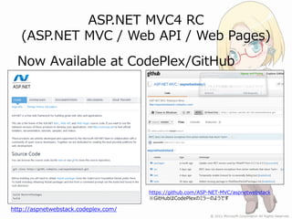 ASP.NET MVC4 RC
   (ASP.NET MVC / Web API / Web Pages)
  Now Available at CodePlex/GitHub




                            ...