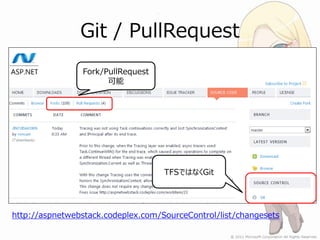 Git / PullRequest
                Fork/PullRequest
                      可能




                                    TFSではな...