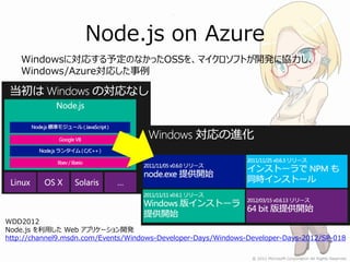 Node.js on Azure
    Windowsに対応する予定のなかったOSSを、マイクロソフトが開発に協力し、
    Windows/Azure対応した事例




WDD2012
Node.js を利用した Web アプリケーショ...