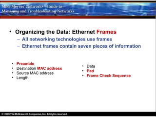 • Organizing the Data: Ethernet Frames
    – All networking technologies use frames
    – Ethernet frames contain seven pieces of information


•   Preamble
                               • Data
•   Destination MAC address
                               • Pad
•   Source MAC address
                               • Frame Check Sequence
•   Length
 