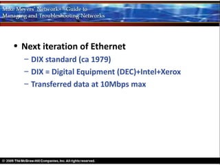 • Next iteration of Ethernet
  – DIX standard (ca 1979)
  – DIX = Digital Equipment (DEC)+Intel+Xerox
  – Transferred data at 10Mbps max
 