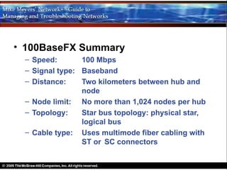 • 100BaseFX Summary
 – Speed:       100 Mbps
 – Signal type: Baseband
 – Distance:    Two kilometers between hub and
                node
 – Node limit: No more than 1,024 nodes per hub
 – Topology:    Star bus topology: physical star,
                logical bus
 – Cable type: Uses multimode fiber cabling with
                ST or SC connectors
 