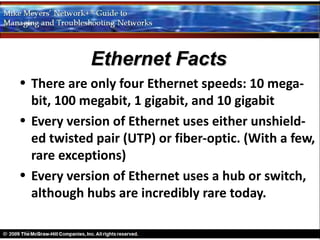 Ethernet Facts
• There are only four Ethernet speeds: 10 mega-
  bit, 100 megabit, 1 gigabit, and 10 gigabit
• Every version of Ethernet uses either unshield-
  ed twisted pair (UTP) or fiber-optic. (With a few,
  rare exceptions)
• Every version of Ethernet uses a hub or switch,
  although hubs are incredibly rare today.
 