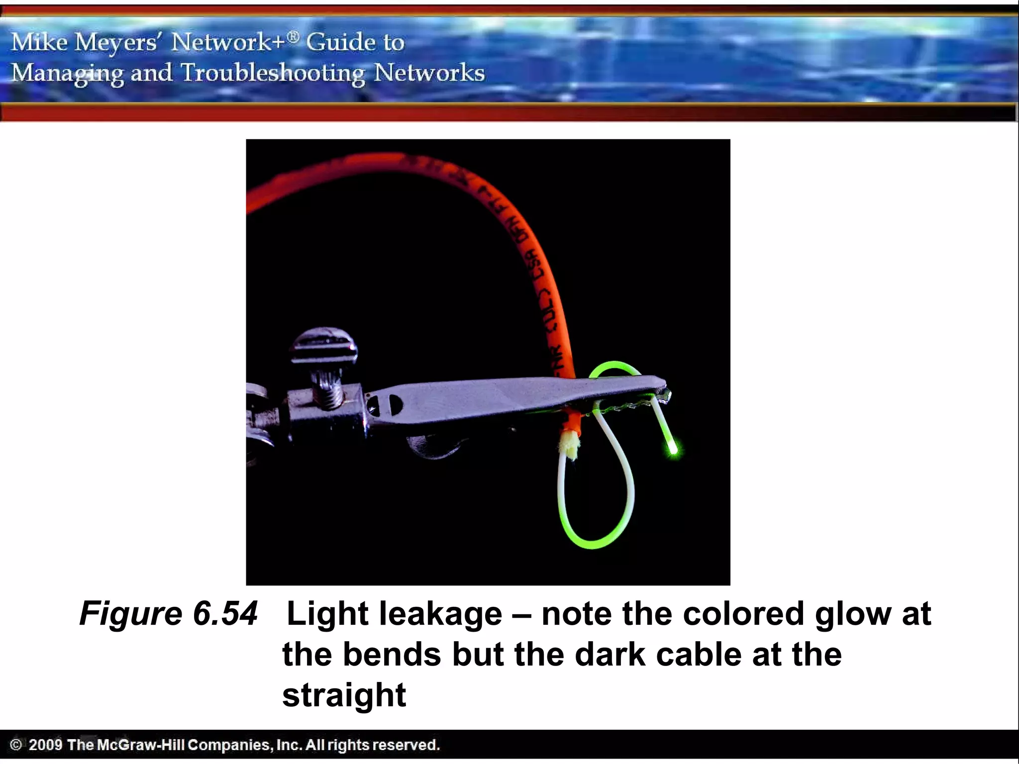 Figure 6.54 Light leakage – note the colored glow at
            the bends but the dark cable at the
            straight
 