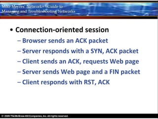 • Connection-oriented session
  – Browser sends an ACK packet
  – Server responds with a SYN, ACK packet
  – Client sends an ACK, requests Web page
  – Server sends Web page and a FIN packet
  – Client responds with RST, ACK
 
