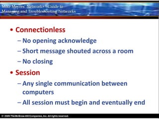• Connectionless
  – No opening acknowledge
  – Short message shouted across a room
  – No closing
• Session
  – Any single communication between
    computers
  – All session must begin and eventually end
 
