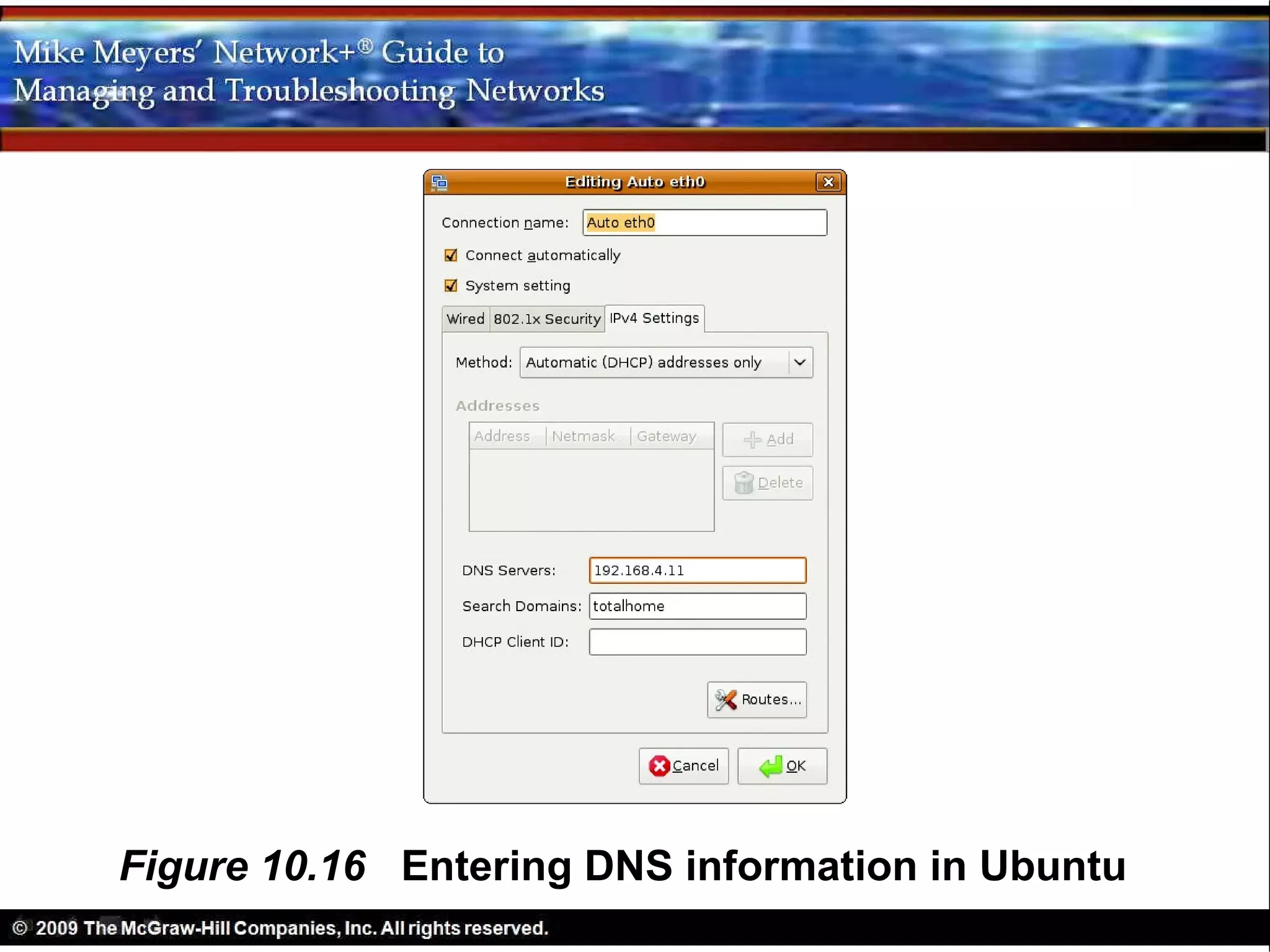 Figure 10.16 Entering DNS information in Ubuntu
 
