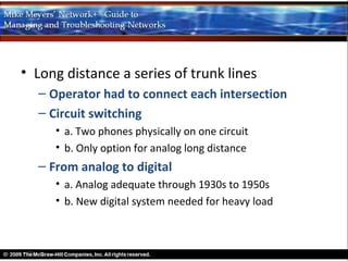 • Long distance a series of trunk lines
  – Operator had to connect each intersection
  – Circuit switching
     • a. Two phones physically on one circuit
     • b. Only option for analog long distance
  – From analog to digital
     • a. Analog adequate through 1930s to 1950s
     • b. New digital system needed for heavy load
 