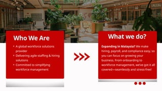 ⚬ A global workforce solutions
provider
⚬ Delivering agile staffing & hiring
solutions
⚬ Committed to simplifying
workforce management
Who We Are
Expanding in Malaysia? We make
hiring, payroll, and compliance easy, so
you can focus on growing your
business. From onboarding to
workforce management, we’ve got it all
covered—seamlessly and stress-free!
What we do?
 