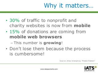 Why it matters… 
• 30% of traffic to nonprofit and 
charity websites is now from mobile 
• 15% of donations are coming from 
mobile web browsers 
– This number is growing! 
• Don’t lose them because the process 
is cumbersome! 
Source: Artez Interactive, “Mobile Matters” 
 