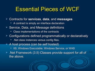 Essential Pieces of WCFEssential Pieces of WCF
 Contracts forContracts for servicesservices,, datadata, and, and messagesmessages

A contract is simply an interface declarationA contract is simply an interface declaration
 Service, Data, and Message definitionsService, Data, and Message definitions

Class implementations of the contractsClass implementations of the contracts
 Configurations defined programmatically or declarativelyConfigurations defined programmatically or declaratively

.Net class instances versus config files..Net class instances versus config files.
 A host process (can be self hosted)A host process (can be self hosted)

IIS, Windows Executable, Windows Service, or WASIIS, Windows Executable, Windows Service, or WAS
 .Net Framework (3.5) Classes provide support for all of.Net Framework (3.5) Classes provide support for all of
the above.the above.
 