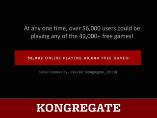 At any one time, over 56,000 users could be
   playing any of the 49,000+ free games!




     Screen capture by J. Peucker (Kongregate, 2011d)
 