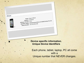 Device specific information. 
Unique Device Identifiers 
Each phone, tablet, laptop, PC all come 
with a 
Unique number that NEVER changes. 
 