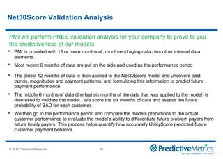 © 2008 PredictiveMetrics, Inc. Confidential & Proprietary 13
© 2010 PredictiveMetrics, Inc. 13
Net30Score Validation Analysis
 PMI is provided with 18 or more months of; month-end aging data plus other internal data
elements.
 Most recent 6 months of data are put on the side and used as the performance period
 The oldest 12 months of data is then applied to the Net30Score model and uncovers past
trends, magnitudes and payment patterns, and formulizing this information to predict future
payment performance.
 The middle 6 months of data (the last six months of the data that was applied to the model) is
then used to validate the model. We score the six months of data and assess the future
probability of BAD for each customer.
 We then go to the performance period and compare the models predictions to the actual
customer performance to evaluate the model’s ability to differentiate future problem payers from
future timely payers. This process helps quantify how accurately UtilityScore predicted future
customer payment behavior.
PMI will perform FREE validation analysis for your company to prove to you
the predictiveness of our models
 